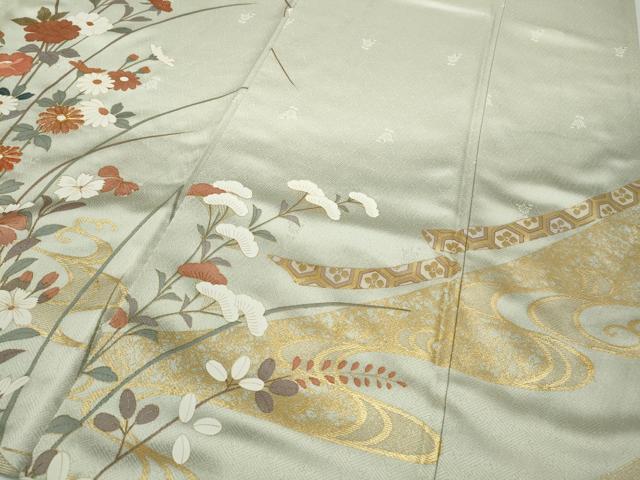 平和屋着物○訪問着 駒刺繍 流水扇草花文 暈し染め 金彩