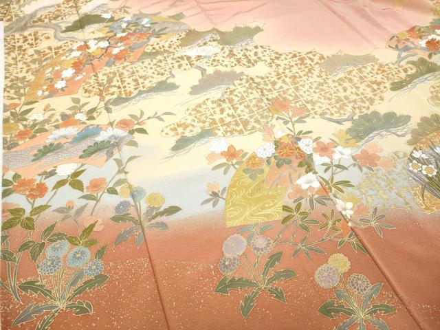 平和屋着物●訪問着 作家物 駒刺繍 地紙草花文 暈し染め 金彩 正絹 逸品 CABB6183ut