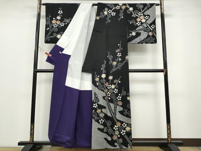 平和屋着物○訪問着 絞り エ霞枝梅文 黒地 金彩 正絹 逸品