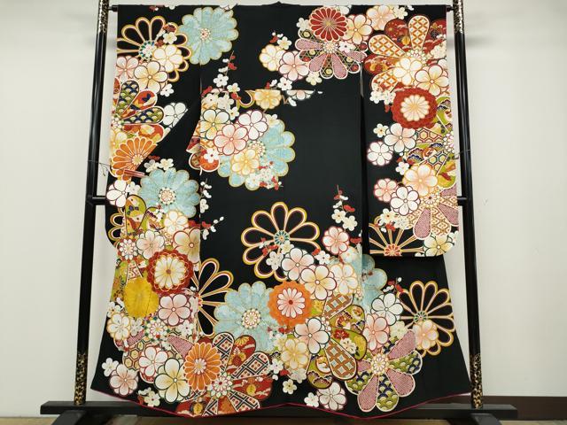平和屋着物●豪華振袖　駒刺繍　舞花文　黒地　金彩　正絹　逸品　CABB6217ut 平和屋着物○豪華振袖 駒刺繍 舞花文 黒地 金彩 正絹 逸品 CABB6217ut