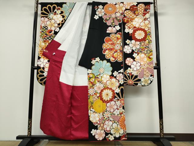 平和屋着物●豪華振袖　駒刺繍　舞花文　黒地　金彩　正絹　逸品　CABB6217ut 平和屋着物○豪華振袖 駒刺繍 舞花文 黒地 金彩 正絹 逸品 CABB6217ut