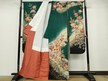 平和屋着物●豪華振袖　枝花文　暈し染め　銀通し地　正絹　逸品　CABB6218ut