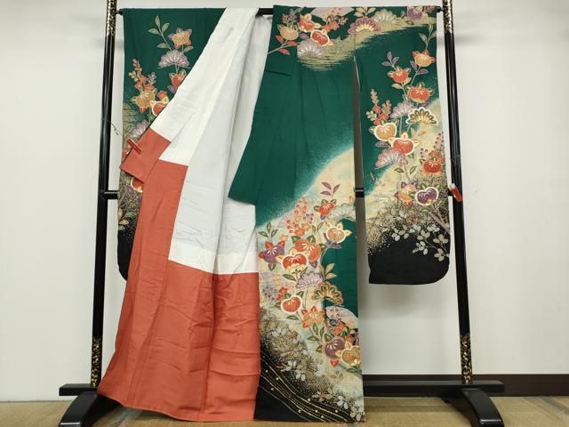 平和屋着物●豪華振袖　枝花文　暈し染め　銀通し地　正絹　逸品　CABB6218ut