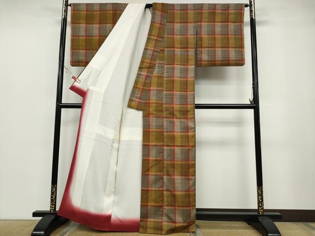 平和屋着物●上質な紬　格子柄　正絹　逸品　CABB6221ut
