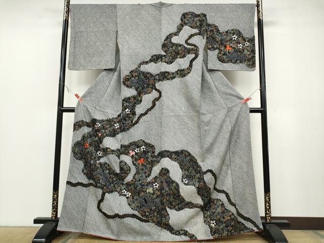 平和屋着物●訪問着　絞り　刺繍　葡萄蔦の葉花文　黒地　金彩　正絹　逸品　CABB6226ut 平和屋着物○訪問着 絞り 刺繍 葡萄蔦の葉花文 黒地 金彩