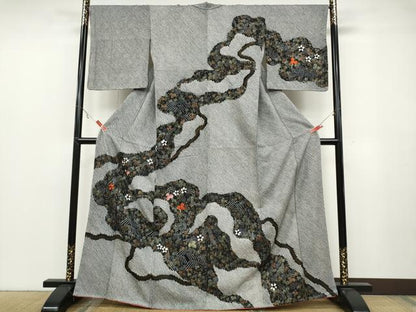 平和屋着物●訪問着　絞り　刺繍　葡萄蔦の葉花文　黒地　金彩　正絹　逸品　CABB6226ut