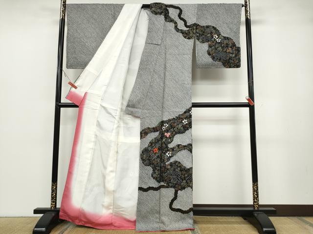 平和屋着物●訪問着　絞り　刺繍　葡萄蔦の葉花文　黒地　金彩　正絹　逸品　CABB6226ut 平和屋着物○訪問着 絞り 刺繍 葡萄蔦の葉花文 黒地 金彩