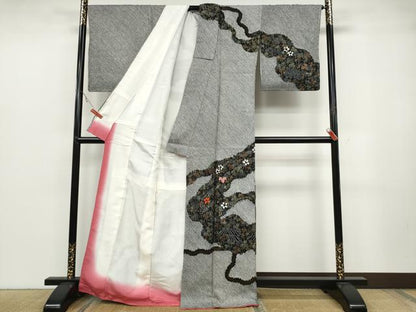 平和屋着物●訪問着　絞り　刺繍　葡萄蔦の葉花文　黒地　金彩　正絹　逸品　CABB6226ut