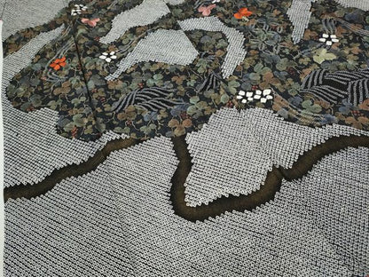 平和屋着物●訪問着　絞り　刺繍　葡萄蔦の葉花文　黒地　金彩　正絹　逸品　CABB6226ut