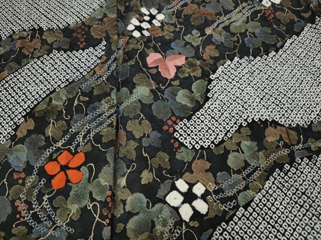 平和屋着物●訪問着　絞り　刺繍　葡萄蔦の葉花文　黒地　金彩　正絹　逸品　CABB6226ut 平和屋着物○訪問着 絞り 刺繍 葡萄蔦の葉花文 黒地 金彩