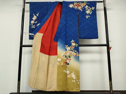 平和屋着物●アンティーク　大正ロマン　訪問着　駒刺繍　檜扇枝花文　暈し染め　正絹　逸品　CABB6250ut