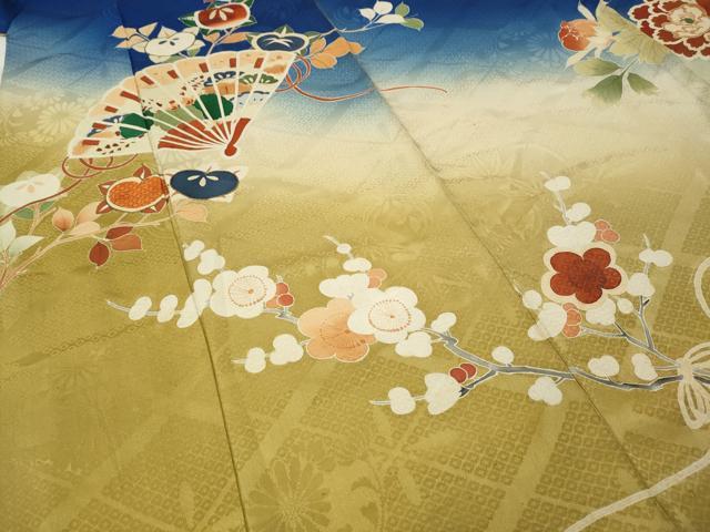 平和屋着物●アンティーク　大正ロマン　訪問着　駒刺繍　檜扇枝花文　暈し染め　正絹　逸品　CABB6250ut 平和屋着物○アンティーク 大正ロマン 訪問着 駒刺繍 檜扇枝花文