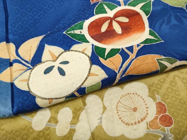 平和屋着物●アンティーク　大正ロマン　訪問着　駒刺繍　檜扇枝花文　暈し染め　正絹　逸品　CABB6250ut 平和屋着物○極上 アンティーク 大正ロマン 振袖 駒刺繍 松竹梅檜扇花