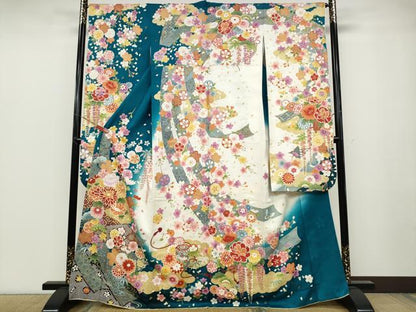 平和屋着物●豪華振袖　駒刺繍　地紙熨斗貝桶花文　暈し染め　銀通し地　正絹　逸品　CABB6269ut