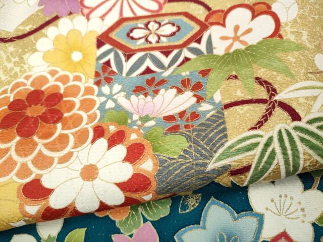 平和屋着物●豪華振袖　駒刺繍　地紙熨斗貝桶花文　暈し染め　銀通し地　正絹　逸品　CABB6269ut