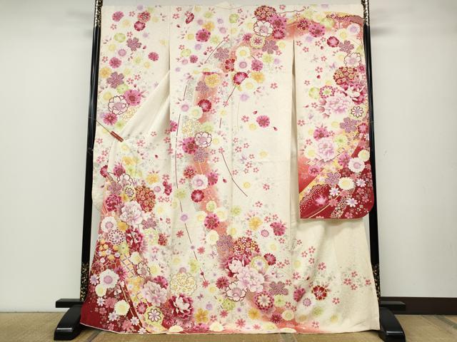 平和屋着物●豪華振袖　刺繍　花蝶文　銀通し地　正絹　逸品　CABB6270ut