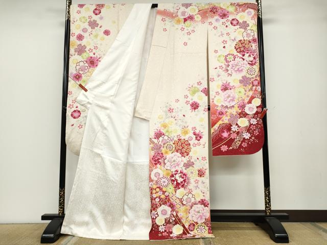 平和屋着物●豪華振袖　刺繍　花蝶文　銀通し地　正絹　逸品　CABB6270ut