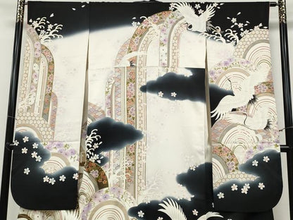 平和屋着物●豪華振袖　刺繍　飛鶴立波花文　暈し染め　金彩　正絹　逸品　CABB6271ut