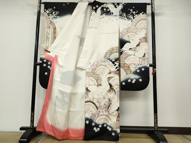 平和屋着物●豪華振袖　刺繍　飛鶴立波花文　暈し染め　金彩　正絹　逸品　CABB6271ut