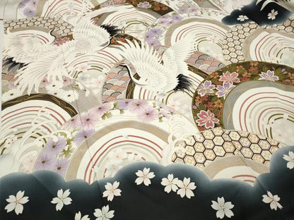 平和屋着物●豪華振袖　刺繍　飛鶴立波花文　暈し染め　金彩　正絹　逸品　CABB6271ut
