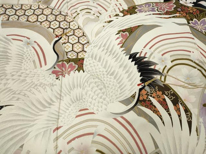 平和屋着物●豪華振袖　刺繍　飛鶴立波花文　暈し染め　金彩　正絹　逸品　CABB6271ut