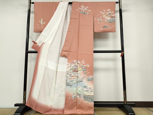 極上　訪問着　友禅　風景草花文　暈し染め　正絹　逸品 極上 訪問着 友禅 風景草花文 暈し染め 正絹 逸品