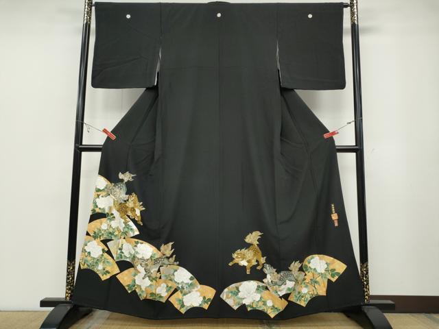 平和屋着物●金彩友禅作家 金彩の魔術師 堀省平 金煌織 黒留袖 京染 本手描友禅 花遊禅 扇面草花文 風神雷神 正絹 逸品 DAAZ7152ud 平和屋着物○金彩友禅作家 金彩の魔術師 堀省平 金煌