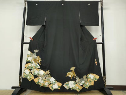 平和屋着物●金彩友禅作家　金彩の魔術師　堀省平　金煌織　黒留袖　花遊禅　唐獅子地紙花文　本金箔　正絹　逸品　CABB6279ut