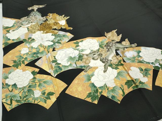 平和屋着物●金彩友禅作家　金彩の魔術師　堀省平　金煌織　黒留袖　花遊禅　唐獅子地紙花文　本金箔　正絹　逸品　CABB6279ut