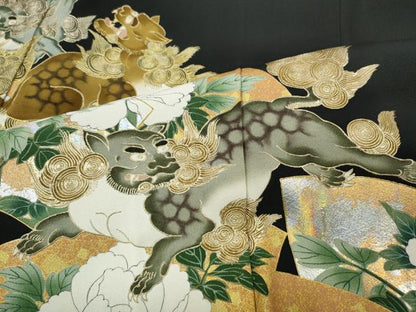 平和屋着物●金彩友禅作家　金彩の魔術師　堀省平　金煌織　黒留袖　花遊禅　唐獅子地紙花文　本金箔　正絹　逸品　CABB6279ut