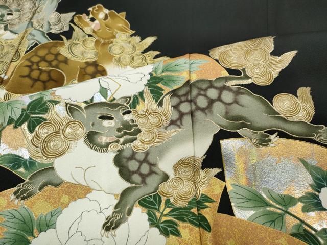 平和屋着物●金彩友禅作家　金彩の魔術師　堀省平　金煌織　黒留袖　花遊禅　唐獅子地紙花文　本金箔　正絹　逸品　CABB6279ut