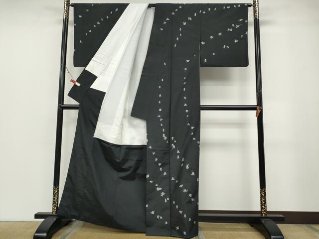 平和屋着物●訪問着　紬地　総刺繍　フクロウ　黒地　正絹　逸品　CABB6286ut