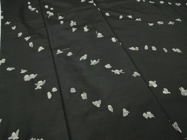 平和屋着物●訪問着　紬地　総刺繍　フクロウ　黒地　正絹　逸品　CABB6286ut