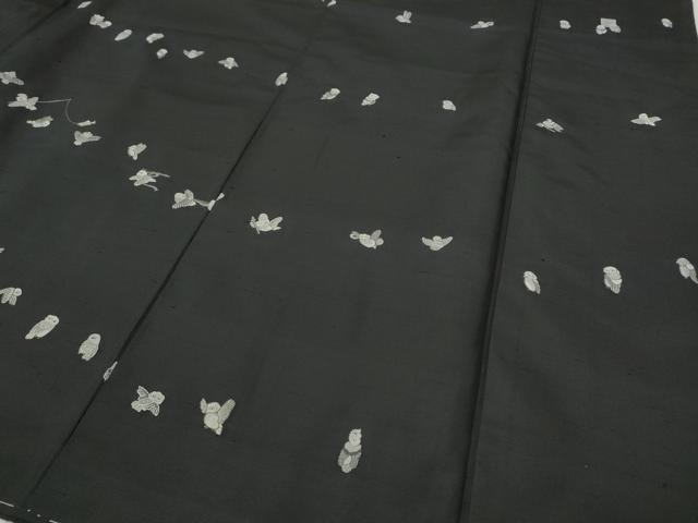 平和屋着物●訪問着　紬地　総刺繍　フクロウ　黒地　正絹　逸品　CABB6286ut