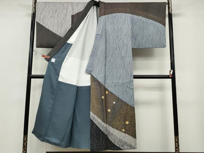 平和屋着物●男性　訪問着　駒刺繍　市松綾織　切嵌舞花文　金彩　正絹　逸品　CABB6291ut