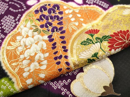 平和屋着物●豪華振袖　駒刺繍　草花尽くし　黒地　金彩　正絹　逸品　CABB6295ut