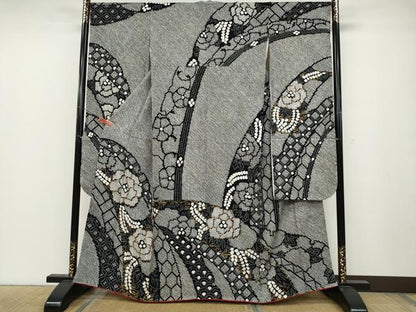 平和屋着物●豪華振袖　総絞り　駒刺繍　吉祥花文　黒地　金彩　さが美扱い　正絹　逸品　CABB6298ut