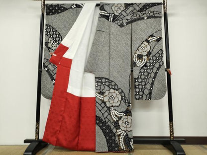 平和屋着物●豪華振袖　総絞り　駒刺繍　吉祥花文　黒地　金彩　さが美扱い　正絹　逸品　CABB6298ut