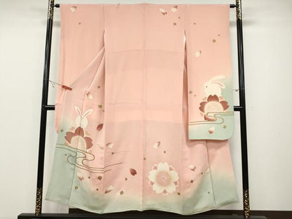 平和屋着物●人形作家・ホリヒロシ　振袖　兎舞桜文　暈し染め　金彩　鬼しぼ縮緬　正絹　逸品　CABB6301ut