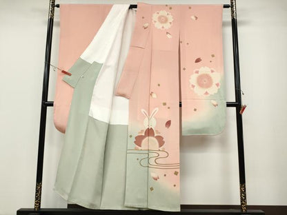 平和屋着物●人形作家・ホリヒロシ　振袖　兎舞桜文　暈し染め　金彩　鬼しぼ縮緬　正絹　逸品　CABB6301ut