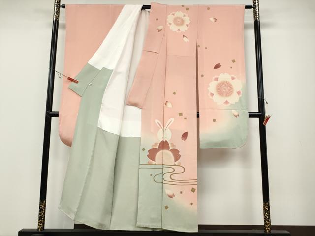 平和屋着物●人形作家・ホリヒロシ　振袖　兎舞桜文　暈し染め　金彩　鬼しぼ縮緬　正絹　逸品　CABB6301ut