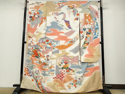 平和屋着物●豪華振袖　駒刺繍　屏風鴛鴦草花文　金彩　正絹　逸品　CABB6302ut