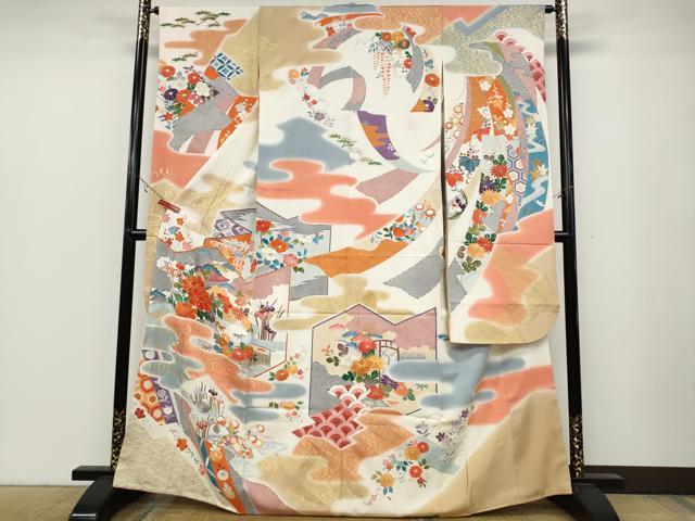 平和屋着物●豪華振袖　駒刺繍　屏風鴛鴦草花文　金彩　正絹　逸品　CABB6302ut