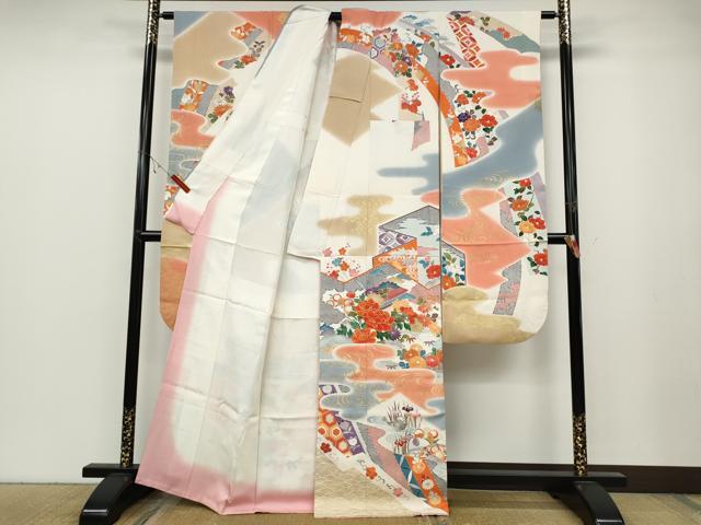 平和屋着物●豪華振袖　駒刺繍　屏風鴛鴦草花文　金彩　正絹　逸品　CABB6302ut