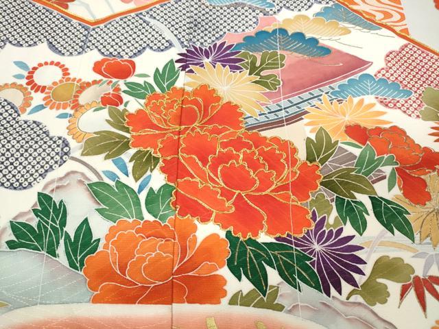 平和屋着物●豪華振袖　駒刺繍　屏風鴛鴦草花文　金彩　正絹　逸品　CABB6302ut