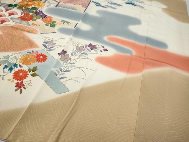 平和屋着物●豪華振袖　駒刺繍　屏風鴛鴦草花文　金彩　正絹　逸品　CABB6302ut