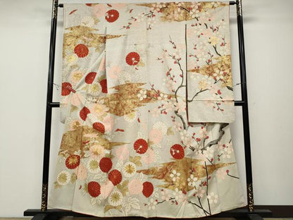 平和屋着物●アンティーク　大正ロマン　振袖　駒刺繍　松皮菱枝花文　金彩　正絹　逸品　CABB6306ut