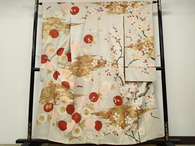 平和屋着物●アンティーク　大正ロマン　振袖　駒刺繍　松皮菱枝花文　金彩　正絹　逸品　CABB6306ut
