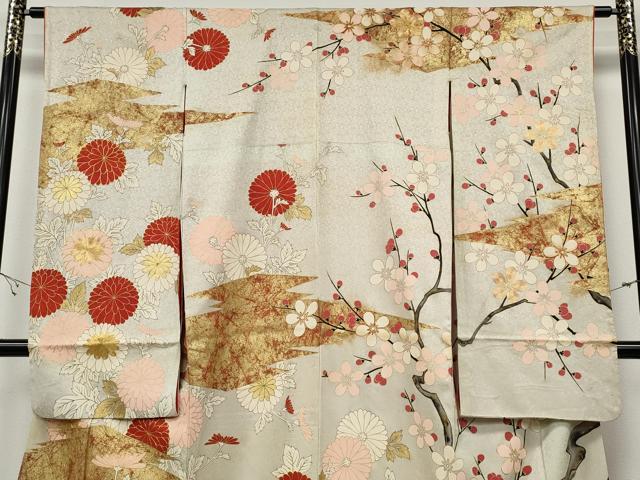 平和屋着物●アンティーク　大正ロマン　振袖　駒刺繍　松皮菱枝花文　金彩　正絹　逸品　CABB6306ut