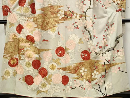 平和屋着物●アンティーク　大正ロマン　振袖　駒刺繍　松皮菱枝花文　金彩　正絹　逸品　CABB6306ut